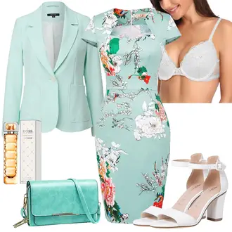 Outfit mit Hellblau/Türkis/Grün/Hellgrün/Weiß Oversize Blazer/Blazerjacke/Baumwoll ­Blazer/Longblazer/Lässiger Blazer/Eleganter Blazer/Kurzblazer/Boyfriend Blazer/Lederjacke/Lederjacke für Männer Comma "Elegantes Sommer Outfit"