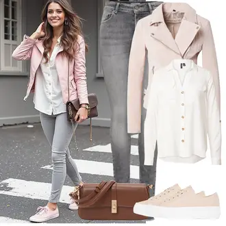 Winter Outfit mit Grau/Hellgrau/Dunkelgrau Lederjacke/Biker Jeans/High Waist Jeans/Jeans mit Schlitz/Low Rise Jean/Push up Jeans/Slim Fit Jeans/Cuir Chaussures/Thermojeans/Winterjacke Only "Perfekter Look für den Frühling"