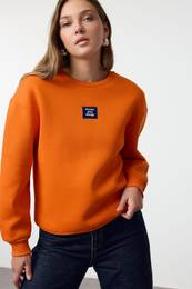 Orange Reaxed/Relaxed Fit Slogan Printed Thick Polar Fleece Knitted Sweatshirt