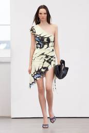 Limited Edition Multicolor Printed Midi Asymmetrical Collar Stretchy Knitted Pencil Dress
