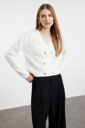 Ecru Double Breasted Soft Textured Knitted Cardigan