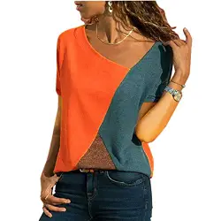 WinCret Lässige Tshirt Damen - Atmungsaktiv Patchwork Farbblock Oberteile Kurzarm - Asymmetrische Sexy V-Ausschnitt Sommer T-shirt