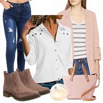 Jeans Outfit mit Weiß/Creme LangarmBluse/Einfarbige Bluse/Slim Fit Bluse/Bluse Mit Ellen­bogen-patch/Bluse Mit Knopf Aleumdr "Only blazer"