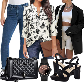 Jeans Outfits mit Schwarz/Weiß/Beige Anzug LongBlazer/KurzBlazer/Boyfriend Blazer/FreizeitAnzug/Oversize Blazer Tankaneo "Casual Business Outfit"