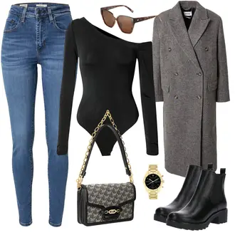 Oversize Kurz Outfit mit Schwarz Chelsea Boot/Lederjacke/Flache Stiefelette/Gummistiefelette About You "Freizeitlook mit Stil"Look: Uni, Schick, Edel, Coole, Oversize, Techno, Unisex, Wetlook