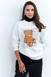 Women's Ecru Teddy Bear Printed Sweatshirt ZM288