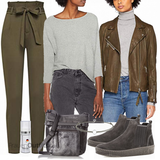 Motorrad Outfit mit Khaki/Dunkelgrün/Grün Nicki Pullover/Pullover mit Stehkragen/Pullover mit Reißverschluss/Wickel Pullover Boss "Vero Moda Pullover"Look: Reiten, Motorrad