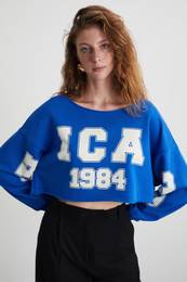 Tlde Women's Soft, Inside Raised Print Detailed Regular Organic Cotton Knitted Crop Dark Blue Blouse