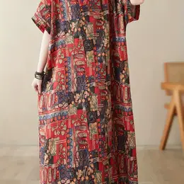 Bohemian Linen Maxi Dress With Pockets - V-neck, Short Sleeve, Vibrant Floral Print, Machine Washable, Lightweight For Women