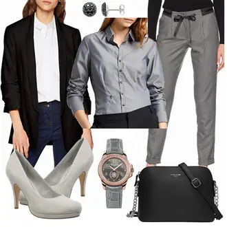 Outfit mit Grau/Dunkelgrau Bluse mit Stehkragen/Bluse Mit Ellen­bogen-patch/LangarmBluse/Bluse Mit Knopf/Business Bluse/Bügelfreie Bluse Seidensticker "Pieces"