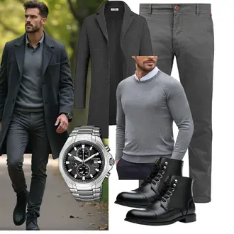 Classic Outfit mit Dunkelgrau/Hellgrau/Khaki/Grau b BLEND, Dunkelgrau/Grau COOFANDY, Grau COOFANDY, Schwarz/Braun Stiefel Mit Reißverschluss/Leder Stiefelette/Motorradstiefel/Klassischer Stiefel/Schnürstiefelette/Springerstiefel SL-Saint "Business Outfit"Look: Classic, Moderne, Empire, Smart Casual, Old Money, Coole, Schön, Casual, Boyfriend, Elegant, Stil, Indoor, Dad, Business, Büro, GoGo, Goa, Chill, Feine, Lagenlook, Italienische, Kuschel, Outdoor, Maritim