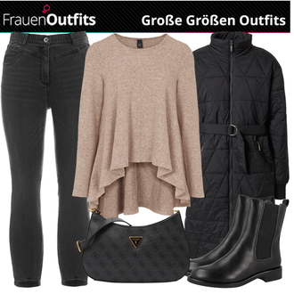 Outfit mit Schwarz/Dunkelgrau Langer Daunenmantel/Langer Wintermantel/Midi Mantel/Steppmantel Mazine "Herbstliche Mode für Mollige"