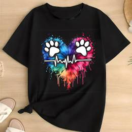 Women's Plus Size T-shirt, Casual Crew Neck, Short Sleeve, Soft Polyester , Machine Washable, Geometric Paw & Heart Print, Regular Fit,