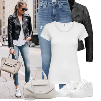 Outfit mit Blau/Hellblau Lederjacke/Ankle Boot/Jeans mit Schlitz/Jeans mit Loch/Push up Jeans/Leather jackets Only "Freizeit Outfits"