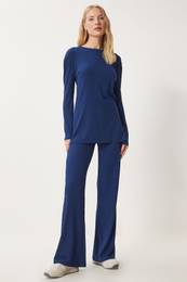 Happiness stanbul Women's Navy Blue Comfortable Corduroy Knitted Blouse Trousers Set