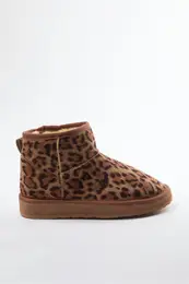 Leopard Patterned Fr Lined Round Toe Flatform Heeled Women's Boots