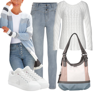Outfit mit Weiß/Creme Leder Sneaker/Schmaler Sneaker/Teddy Sneaker/Sneaker Low/Turnschuh ohne Schnürsenkel Default "Modischer Look für den Herbst"