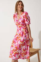 Happiness stanbul Women's Pink Orange Patterned Summer Wrap Viscose Dress
