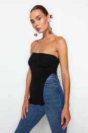 Black Strapless Slit detailed Premium Yarn / Special Yarn Knitted Thin Blouse