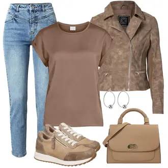 Outfit mit Braun/Lila/Beige/Gold/Rosa Bluse Große Größe/Tunika/Shirt & Top Große Größe/Kurzarmbluse/Seidenbluse/Kurzarm-Tunika/Klassische Tunika/Tuniken-Shirt/Satinbluse/Bluse Oberteil Vila "Toller Look für den Frühling"