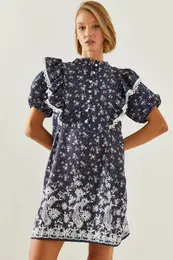 Women's Sleeve Detailed Scallop Detailed Floral Patterned Mini Dress 21419