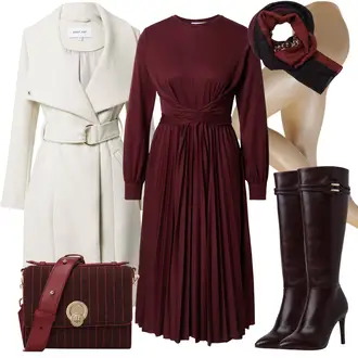 Outfit mit Dunkelrot/Bordeaux/Lila/Rot Herbstkleid/Langes Strickkleid/Langärmliges Kleid/Langärmliges Winterkleid/Plissee Kleid/Standesamt Kleid Edited "Elegantes Herbst Outfit"