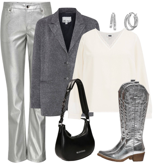 Outfit met Donkergrijs/grijs/Donkerblauw/Lichtblauw Gebreide kleding/Leren Jas/Boucle Blazer/Gebreide Blazer/Boyfriend Blazer Ichi "Outfit voor de winter"