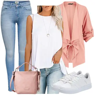 Outfit mit Weiß/Grün LongBluse/Bluse Oberteil/Bluse/Ärmellose Bluse Happy Sailed "Casual Look"