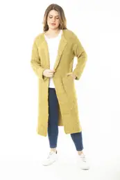 ans Women's Plus Size Saffron Thick Knitwear Long Cardigan with a Slit
