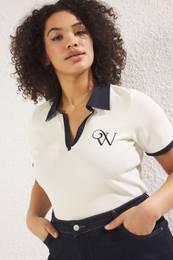 Curve Ecru Polo Collar Contrast Color Detail Embroidered Ribbed Knitting Plus Size Blouse