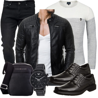 Wolle-seide Outfit mit Schwarz Jacke mit Seitlichem Reißverschluss/Motorradjacke/KunstLederjacke/Bikerjacke Redbridge "Cooles Outfit"