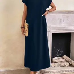 Women's Casual Crew Neck T-shirt Dress - Solid Color Polyester Knit Fabric With Elastane Stretch, Season-neutral Maxi Length With No Added