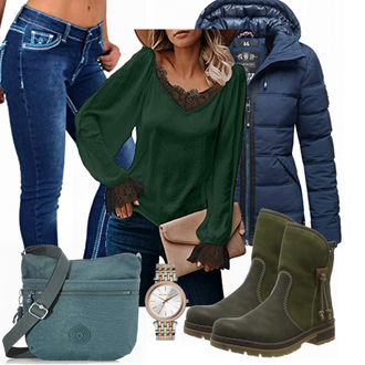 Outfit mit DunkelGrün/Grün Crash­Bluse/Elegante Bluse/Festliche Bluse/Verspielte Bluse/SpitzenBluse/LangarmBluse/Bluse/Bluse Oberteil/Bluse Mit Ellen­bogen-patch "Outfit für den Herbst"