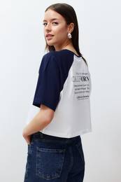 White 100% Cotton Color Block Slogan Printed Relaxed Crop Knitted T-Shirt