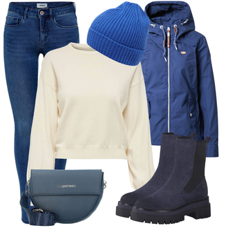 Outfit sa Tamnoplava/Plava Kožna Jakna/Klasična čizmica/Ravna Gležnjača/Podstavljena Gležnjača/Zimska gležnjača MARCO TOZZI "Trendi zimski outfit"