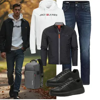 Outfit mit Dunkelgrau/Grau/Schwarz/Orange Thermojacke/Leichte Jacke/Hybridjacke/Jacke mit Seitlichem Reißverschluss/Funktionsjacke/Nylonjacke/Steppjacke/Kunstfaserjacke Indicode "Freizeit Outfit"