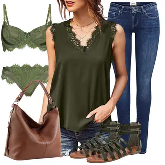 Outfit mit Dunkelgrün/Khaki Crash­bluse/Offene Bluse/Spitzenbluse/Einfarbige Bluse/Bluse Oberteil/Ärmellose Bluse BLENCOT "Schöner Sommer Look"