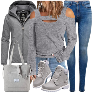 Outfit mit Grau/Dunkelgrau 2in1 Jacke/Herbstjacke/Sweatjacke/Wolljacke/Strickfleecejacke/Merinojacke/Jacke mit Seitlichem Reißverschluss/Kapuzenjacke Ragwear "Herbstlicher Look"