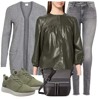 Wetlook Outfit mit Dunkelgrün/Grün Bluse Oberteil/Bluse mit Trichterkragen/Crash­Bluse/SatinBluse/Bluse mit Puffärmel/Bluse mit Stehkragen Street One "Outfit Für Den Frühling"Look: Wetlook, Outdoor
