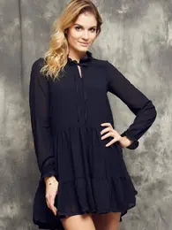 Boutiqe dress with stand-up collar and ruffles black