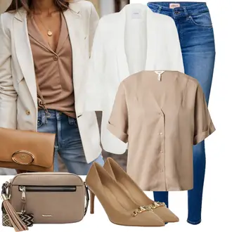 Cropped Outfit mit Beige/Grau/Braun/Khaki Bluse und Tunika/Bluse Mit Knopf/Bluse Oberteil/Business Bluse/Außergewöhnliche Bluse/Offene Bluse/Kurzarmbluse/Seidenbluse/Bluse Große Größe Object "Neutraler Alltagslook"