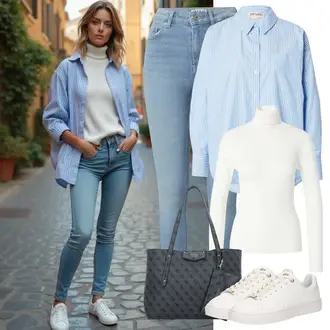 Outfit sa Tamnoplava/Plava/Siva/TamnoSiva Poslovna Torba/Torba za nošenje/Torba Za Preko Ramena/Velika torba/Torba za rame/Ured Za Torbu Guess "Moderni outfit za proljeće"