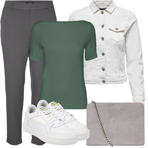 Comment poter Gris/Blanc/Crème/Gris clair Veste Courte/Veste de Chemise/Veste Courte/Veste Courte en Jean/Chemisier Grande Taille Only avec Gris/Marron/Kaki/Gris foncé Pantalon Taille Haute/Pantalon Moulant/Pantalon d'Hiver/Pantalon avec Fente/Pantalon en Mousseline/Pantalon de Costume/Pantalon Stretch/Pantalon à Enfiler/Pantalon en Bengaline/Pantalon Slim/Pantalon Business/Leggings Grande Taille VERO MODA