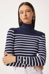 Happiness stanbul Women's Navy Blue Turtleneck Striped Seasonal Knitwear Sweater
