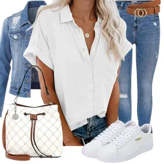 Jeans Outfit mit Grau/Creme/Weiß Bluse Oberteil/Einfarbige Bluse/KurzarmBluse Friptspyg "Schöner Sommer Look"