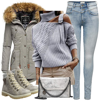 Steppung Outfit mit Grau/Dunkelgrün/Braun/Khaki/Beige Outdoormantel/Duffle Mantel/Daunenmantel/Mantel mit Fellkragen/Wintermantel/Parka MARIKOO "Winter Outfit"
