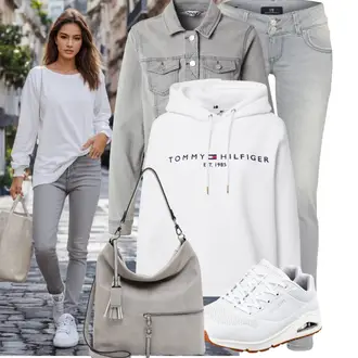 Jeans Outfits mit Blau/Weiß/Creme Bequemer Schuh/gesundheitsschuh/medicus schuh/Orthopädischer Schuh/Schmaler Sneaker/Sommer Sneaker/Walkingschuh Skechers "Schönes Frühlingsoutfit"