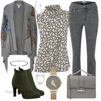 Winter Outfit mit Hellgrau/Grau/Dunkelgrau Hose Große Größe/Biker Jeans/T-Shirt/Jeans mit Schlitz/Low Rise Jean/Regular-Fit Jeans/Lederjacke/Slim Fit Jeans/Straight Leg Jean/Leder Schuhe/Herren Lederjacke/Winterjacke Heine "Blusentop von Heine"