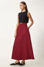 Happiness stanbul Women's Burgundy Pocket Jacquard Suede Flared Skirt