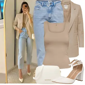 Outfit sa Krem/Bijela cipela s remenom/Sandala na Petu/Salonka Udobna pumpa/Cipela Mary Jane/Pumpa u obliku slova T/Ljetna Cipela/Sandala s petom/Sandalice s blok petom/Vintage Pumpa About You "Proljetni Outfit"